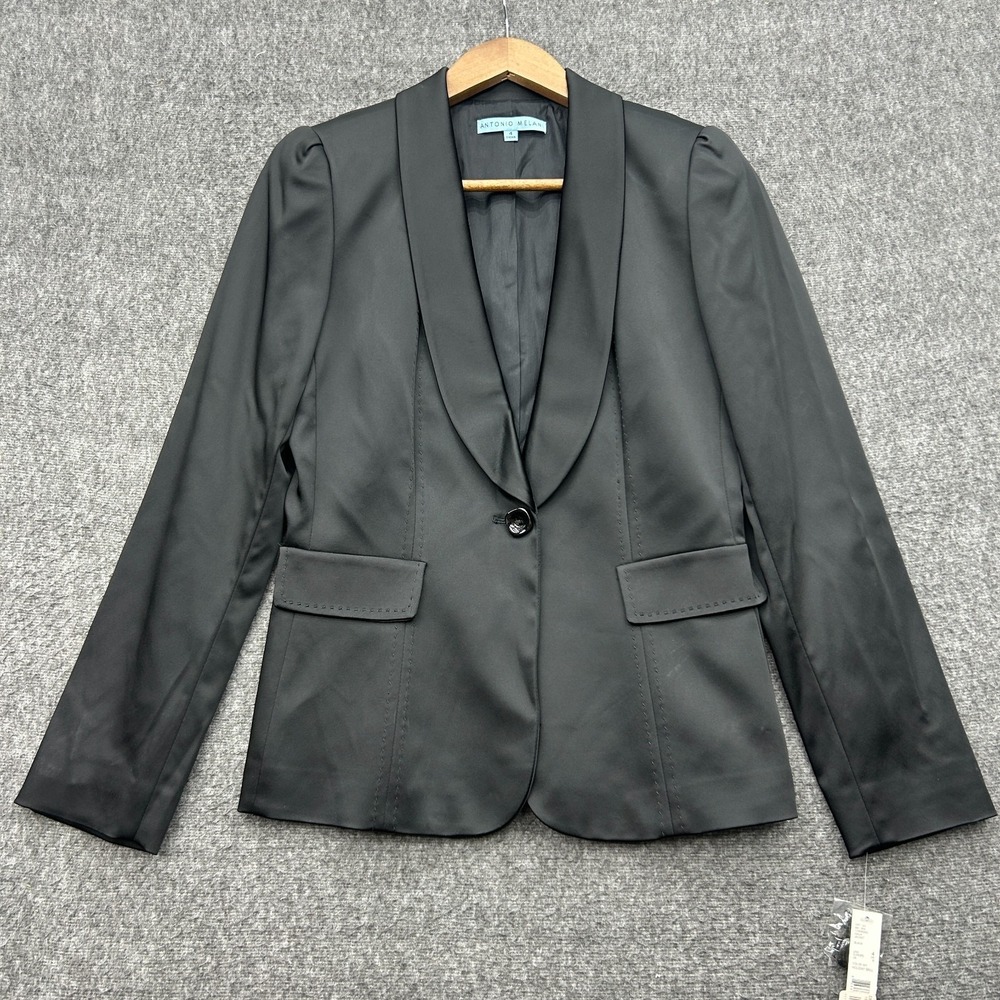 Antonio Melani Black Blazer Jacket 4 Satin Shawl Collar Tuxedo One Button Flap